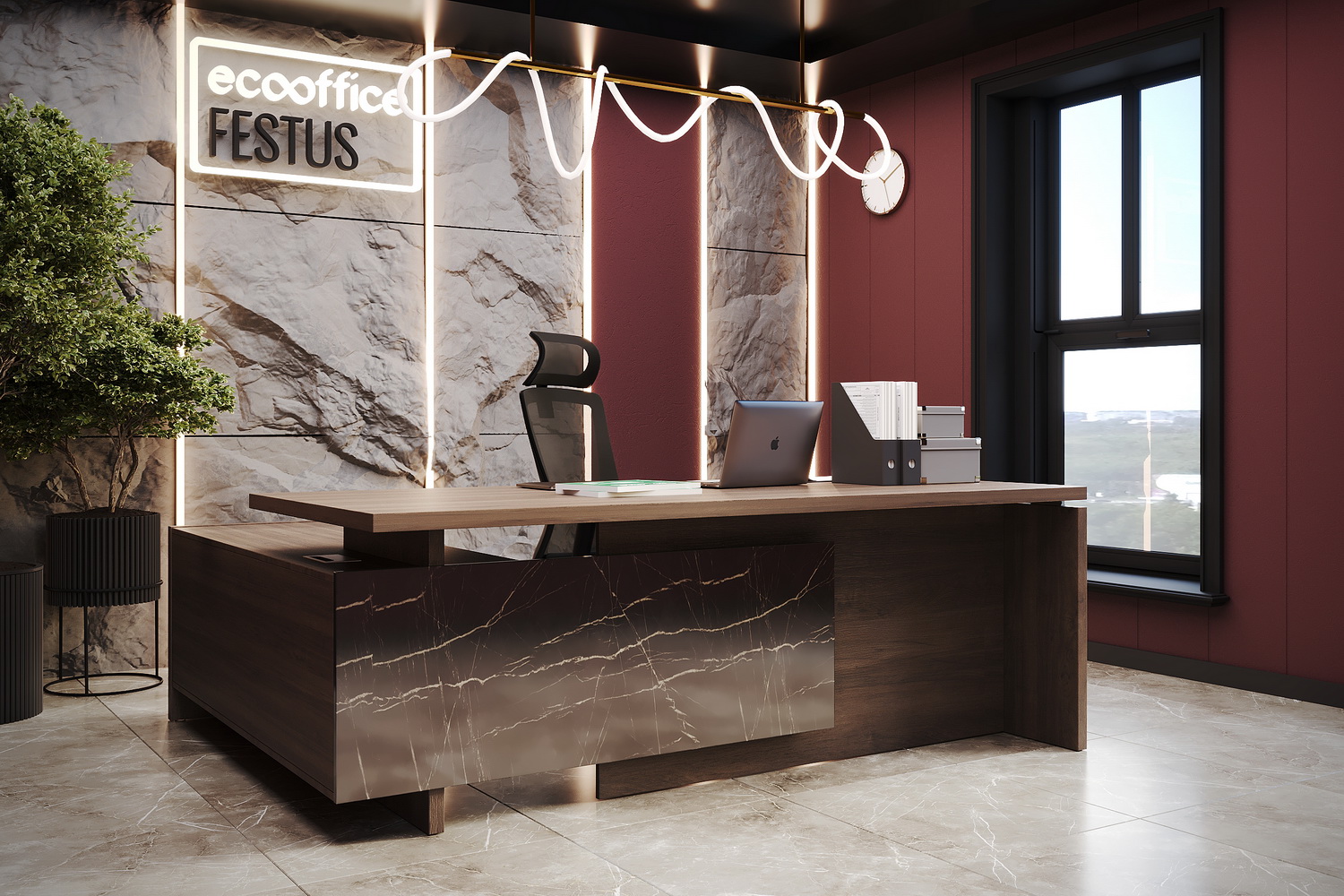 Кабинет руководителя FESTUS Орех Пацифик Табак / Камень Пьетра Гриджиа черный  стоимость